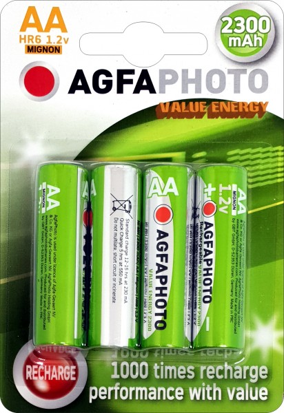 Agfaphoto Batterij NiMH, Mignon, AA, HR06, 1.2V/2300mAh Value Energy, Retail-blisterverpakking (4-pack)