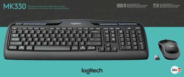Logitech Toetsenbord/Muis Set MK330, Draadloos, Zwart DE, Optisch, 1000 dpi, Retail