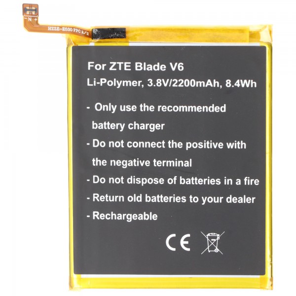 Batterij geschikt voor ZTE Blade V6, Li-Polymer, 3.8V, 2200mAh, 8.4Wh, ingebouwd, zonder gereedschap