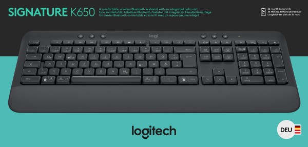 Logitech Keyboard K650, Draadloos, Bolt, Bluetooth, Graphite Signature, DE, Retail