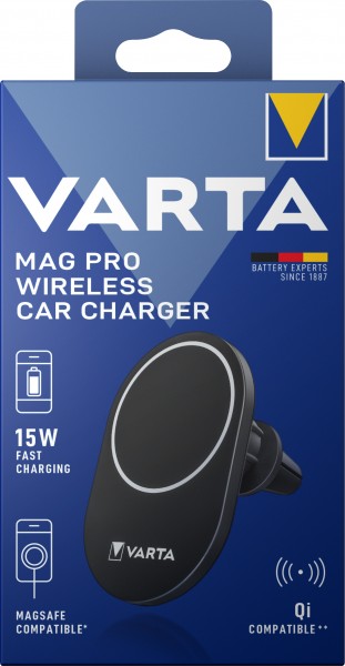 Varta Fast Wireless Charger, KFZ, Qi, 5V/9V/12V, zwart Kabel USB Type-CC, 1m, zwart, retailblister