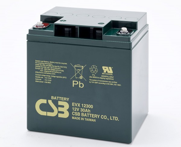 CSB-EVX12300 12 volt AGM loodzuurbatterij 30 Ah, 166x125x175mm M5 binnendraad cyclusbestendig + stand-by