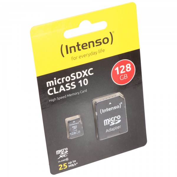 Intenso microSDXC-kaart 128 GB, klasse 10 (R) 25 MB/s, (W) 10 MB/s, SD-adapter, blisterverpakking