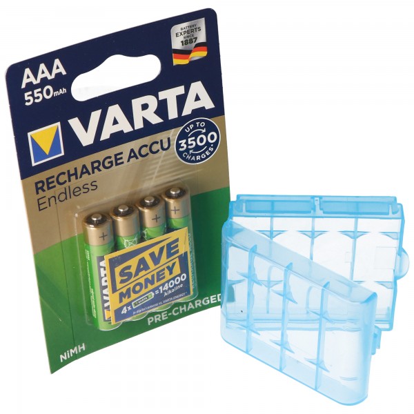Varta Opladen Accu Endless 56663101404 AAA LR03 batterij 4-pack blister 1,2 volt 550 mAh oplaadbaar tot 3500x, inclusief gratis AccuCell-batterijdoos