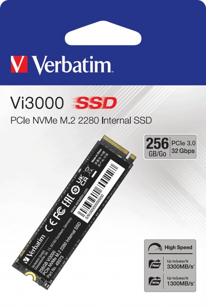 Verbatim SSD 256 GB, PCIe 3.0, M.2 2280, NVMe, Vi3000 (R) 3300 MB/s, (W) 1300 MB/s, detailhandel