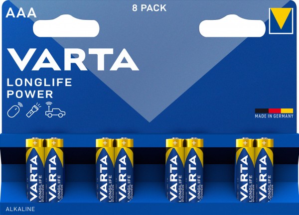 Varta Batterij Alkaline, Micro, AAA, LR03, 1.5V Longlife Power, Retail Blister (8-Pack)