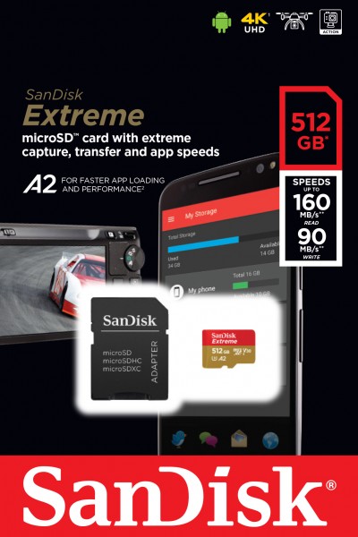Sandisk microSDXC-kaart 512 GB, Extreme, U3, A2, 4K UHD (R) 160 MB/s, (W) 90 MB/s, SD-adapter, blisterverpakking