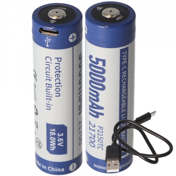 2 stuks 21700 Li-ion batterij 5000mAh 3.7V - 3.6V 76,2x21,4mm met PCB bescherming inclusief USB-C oplaadmogelijkheid