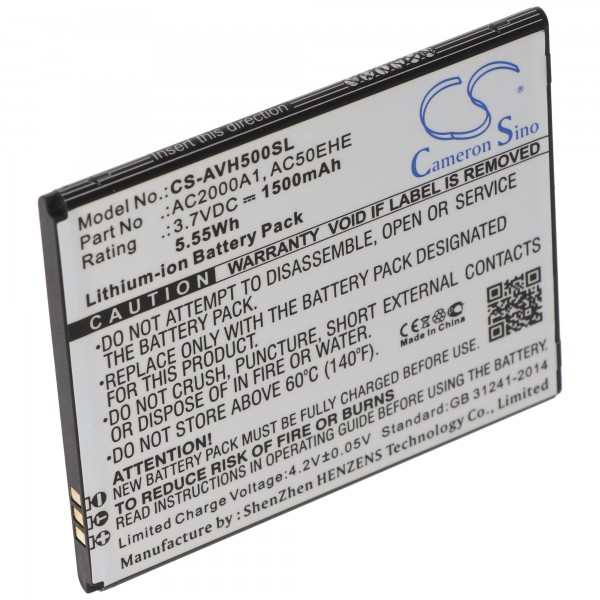 Batterij alleen geschikt voor de Archos AC50EHE-batterij AC2000A1, Archos 50e Helium 4G, Li-ion, 3,7 V, 1500 mAh, 5,6 Wh