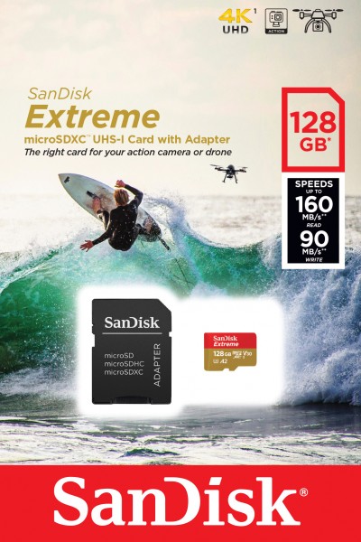 Sandisk microSDXC-kaart 128 GB, Extreme, U3, A2, 4K UHD (R) 160 MB/s, (W) 90 MB/s, SD-adapter, blisterverpakking