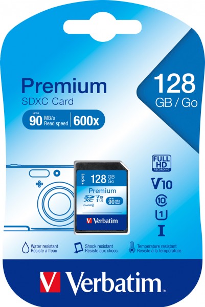 Verbatim SDXC-kaart 128 GB, Premium, klasse 10, U1, UHS-I (R) 90 MB/s, (W) 10 MB/s, blisterverpakking