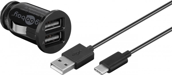USB Type-C autolader set (12W / 2.4A) autolader adapter en USB Type-C kabel 1,0m (zwart)