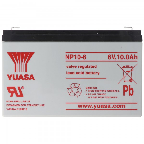 Yuasa NP10-6 loodbatterij 6 volt met 10 Ah en Faston-contacten van 4,8 mm