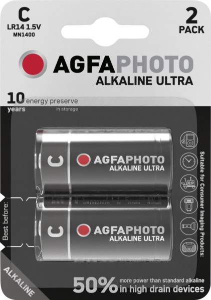 Agfaphoto Batterij Alkaline, Baby, C, LR14, 1,5V Ultra, retailblister (2-pack)