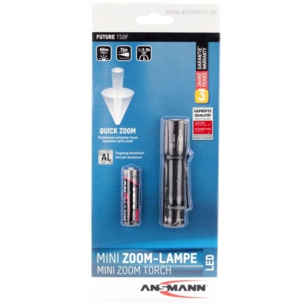 Ansmann professionele LED zaklamp met traploze focus inclusief Alkaline Mignon AA batterij en afneembare riemclip
