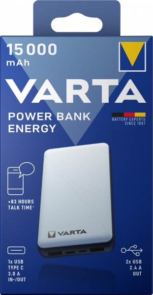Varta accu powerbank, 5V/15,000mAh, Energy, wit 2xUSB-A/Micro-B/-C