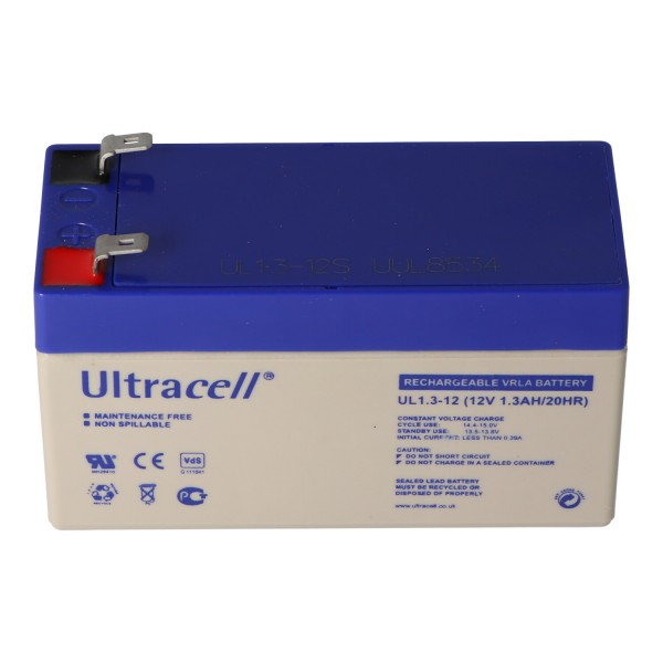 UL1.3-12 Ultracell loodbatterij 12 volt, 1,3 Ah met 2 Faston-contacten van 4,8 mm