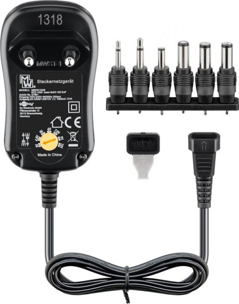3 V - 12 V universele voeding incl. 6 DC adapters - max. 12 W en 1 A
