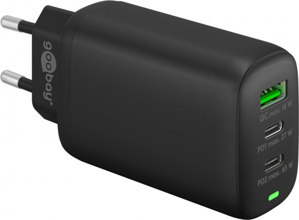 Goobay USB-C™ PD triple multiport snellader (65 W) zwart - oplaadadapter met 2x USB-C™-poorten (Power Delivery) en 1x USB-A-poort (Quick Charge 3.0)