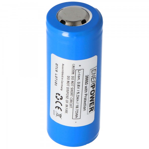 Enerpower 26650 Li-Ion batterij 4700 mAh 3,6 V - 3,7 V platte PCB-top beschermd, 26,5 x 68 mm