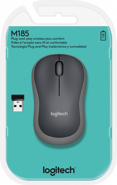 Logitech Mouse M185, draadloos, grijs optisch, 1000 dpi, 3 knoppen, retail