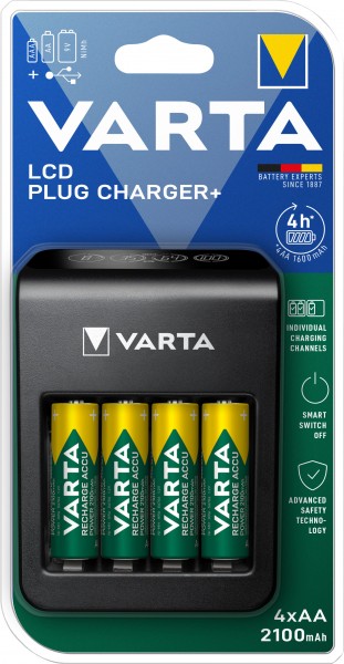 Varta oplaadbare batterij NiMH, universele oplader, LCD Plug Charger+ incl. oplaadbare batterijen, 4x Mignon, AA, 2100mAh, USB