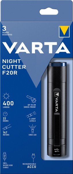 Varta LED-zaklamp Night Cutter F20R 400lm, incl. 1x micro-USB-kabel, blisterverpakking