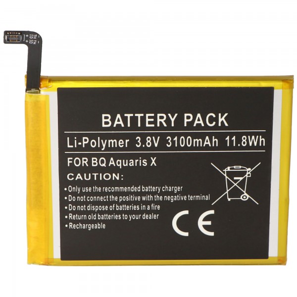 Batterij geschikt voor BQ Aquaris X, BQ 3100 batterij Li-ion, 3.8V, 3100mAh afmetingen 70.7 x 61.6 x 4.0mm