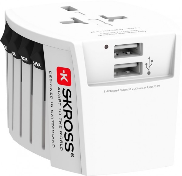 Skross World Adapter MUV USB 2xA - Compacte 2-pins wereldreisadapter met 2 geïntegreerde USB-poorten
