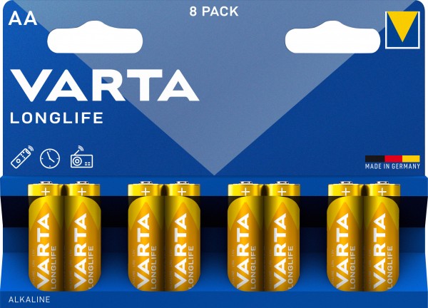 Varta Batterij Alkaline, Mignon, AA, LR06, 1.5V Longlife, Retail Blister (8-pack)