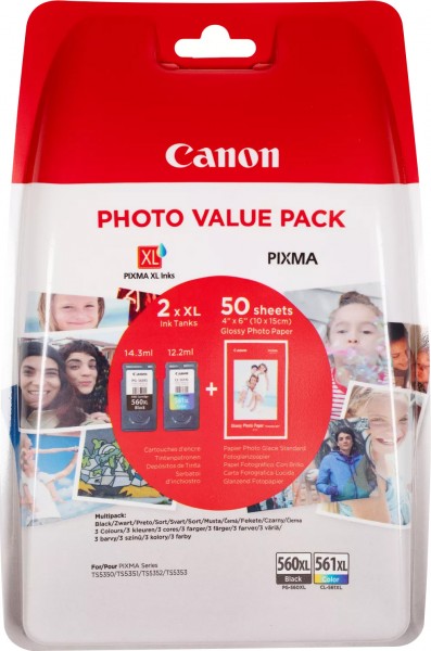 Canon printkopcombinatiepakket PG-560XL/CL-561XL zwart/kleur, inclusief 50 vellen fotopapier 10x15cm