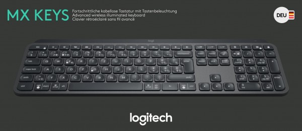 Logitech Keyboard MX Keys, Wireless, Unifying, Bluetooth, zwart Advanced, Illuminated, DE, Retail