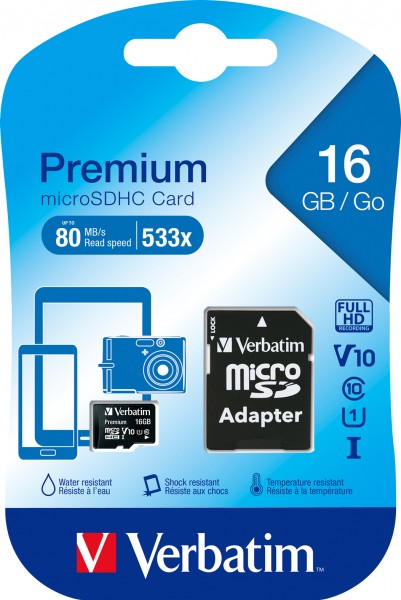 Verbatim microSDHC-kaart 16 GB, Premium, klasse 10, U1 (R) 80 MB/s, (W) 10 MB/s, SD-adapter, blisterverpakking