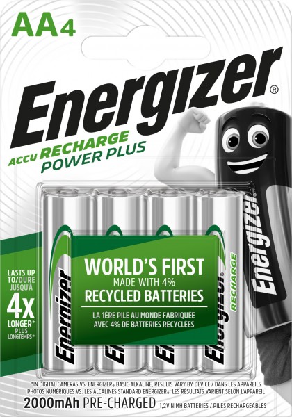 Energizer Batterij NiMH, Mignon, AA, HR06, 1.2V/2000mAh Power Plus, Voorgeladen, Retail Blister (4-Pack)