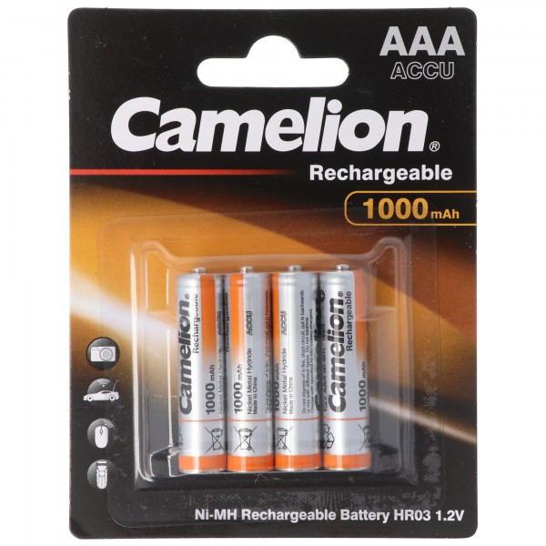Camelion AAA, Micro, LR03, HR04, NiMH-batterij met maximaal 1000 mAh, blisterverpakking van 4