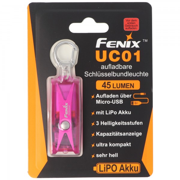 Fenix UC01 LED-zaklamp in een paarse behuizing, sleutelhangerlicht met batterij en USB-oplaadfunctie