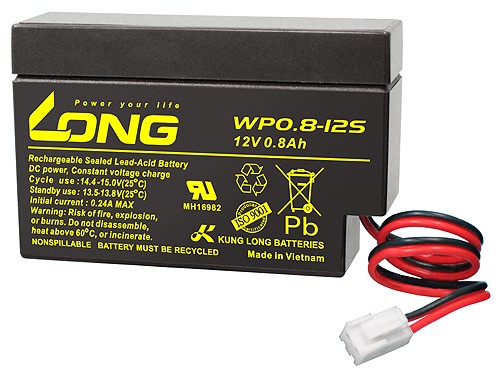 Kung Long WP0.8-12 loodvliesbatterij, 12V, 0,8Ah met JST-connector