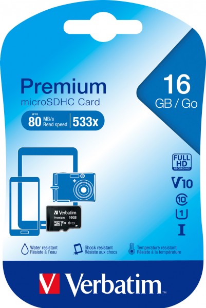Verbatim microSDHC-kaart 16 GB, Premium, klasse 10, U1 (R) 80 MB/s, (W) 10 MB/s, blisterverpakking