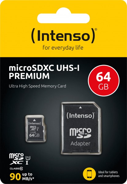 Intenso microSDXC-kaart 64GB, Premium, Class 10, U1 (R) 90 MB/s, (W) 10 MB/s, SD-adapter, blisterverpakking