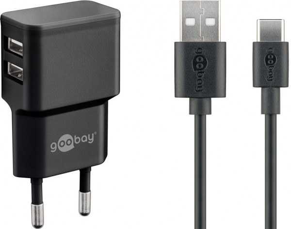Goobay USB-C™ dubbele oplaadset 2,4 A - voeding met 2x USB-aansluiting en USB Type-C™ 1m kabel (zwart)