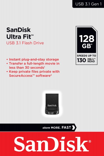 Sandisk USB 3.1 Stick 128GB, Ultra Fit Type-A, (R) 130MB/s, (W) 60MB/s, blisterverpakking