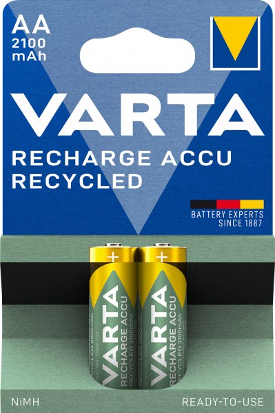 Varta Batterij NiMH, Mignon, AA, HR06, 1.2V/2100mAh Accu Gerecycled, Voorgeladen, Retail-blisterverpakking (2 stuks)