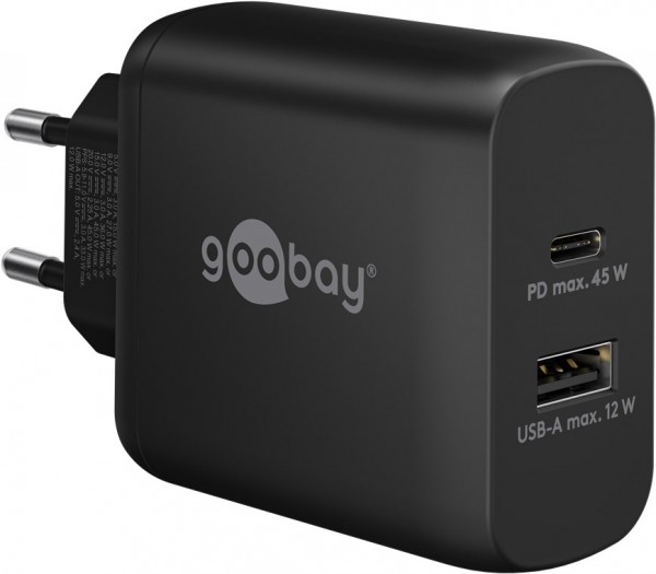 Goobay USB-C™ PD dual snellader (45 W) zwart - 1x USB-C™ poort (Power Delivery) en 1x USB-A poort - zwart