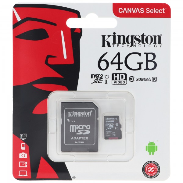 KINGSTON 64 GB micro SD-kaart, Kingston Canvas Select Plus microSD-geheugenkaart, geoptimaliseerd voor Android-apparaten, met SD-adapter