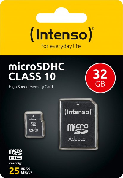 Intenso microSDHC-kaart 32 GB, klasse 10 (R) 25 MB/s, (W) 10 MB/s, SD-adapter, blisterverpakking