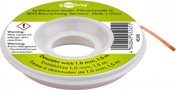 Goobay desoldeervlecht 1 mm voor het verwijderen van soldeer uit soldeerverbindingen 1,5 m - puur koper, goede thermische geleidbaarheid
