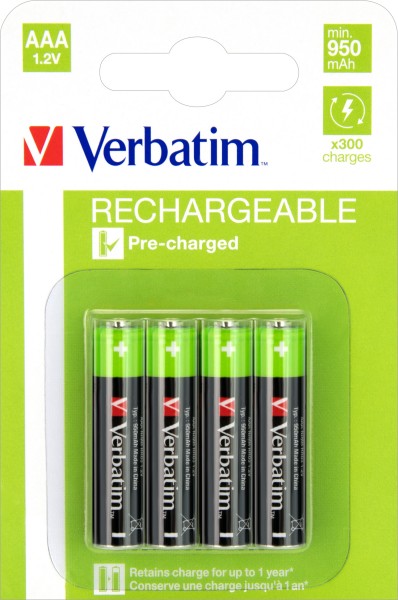 Verbatim oplaadbare batterij NiMH, micro, AAA, HR03, 1,2 V/1000 mAh, vooraf opgeladen, blisterverpakking (4 stuks)