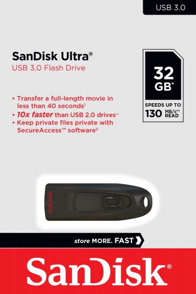 Sandisk USB 3.0 Stick 32GB, Ultra Type-A, (R) 130MB/s, SecureAccess, blisterverpakking