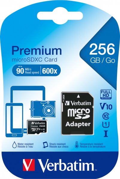 Verbatim microSDXC-kaart 256 GB, Premium, klasse 10, U1 (R) 90 MB/s, (W) 10 MB/s, SD-adapter, blisterverpakking