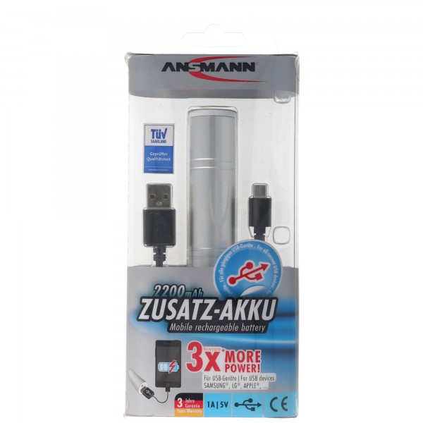 ANSMANN 1700-0009 Powerbank 2200 mAh externe extra batterij voor smartphones en andere USB-apparaten